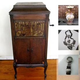 MaxSold Auction: This online auction features an antique "Colonial" phonograph. VINTAGE: Snuff bottles; carving set; hurricane lamp. COLLECTIBLE: Coins; Asian decor; steins; soapstone carvings. JEWELRY: Asian carved stone pendants. Cobalt blue decanter set and much more!