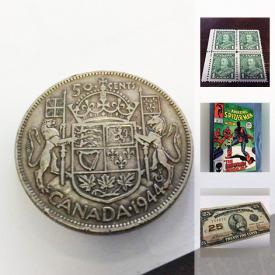 MaxSold Auction: This online auction features Canadian coins, stamps, dollar bills, hockey memorabilia, comics books, art, children's books, silver, Legos, LPs and much more!