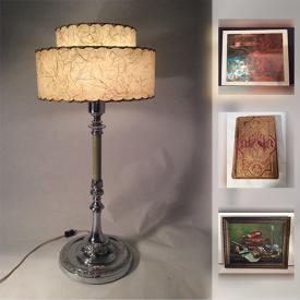 MaxSold Auction: This online auction features original art, vintage and art deco lamps, Asian fans and picture, celluloid dresser set and much more!