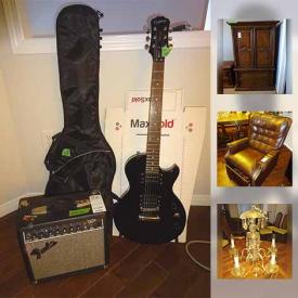 MaxSold Auction: This online auction features Epiphone electric guitar model Special II, Crystal base table lamps, Chandelier, Wooden china cabinet, Reclining Leather Couch, Kitchen Table And Chairs, Stanley Dresser and much more!