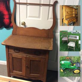 MaxSold Auction: This online auction features ANTIQUE: Pottery, furniture. VINTAGE: Furniture, sled, wheeled chest. Hand painted cast iron base table. Glass: Depression, Milk glass, cut/pressed serving pieces. Sporting goods. Kids stuff and much more!