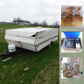 MaxSold Auction: This online auction features a Rockwood camper trailer. Retro Symphonic stereo. Vintage office chair; wash boards, pitcher and basin. COLLECTIBLE: Star Wars; Red Rose and Wade figures, Avon bottles. China. Glass/Crystal. Maytag washer and much more!