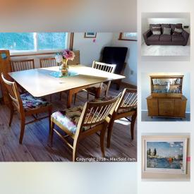 MaxSold Auction: This online auction features Tea Cart, Dining room table with 6 chairs, Vintage Coffee table, Mid Century Modern Office desk, ladder, oak bar stools, twin size bed, Ikea Lounge Chair and much more!