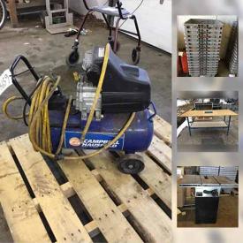 MaxSold Auction: This online auction features Work desks, tables, merchant counters, shop racks, cabinets, bookshelves, A Campbell Housefield compressor, Rockwell table saw, commercial grade latex gloves, totes and much more!