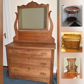 MaxSold Auction: This auction features Antique Pie Keeper, Antique Oak Sideboard, office chair, Vintage Cane Seat Rocker, oak Dresser, Antique Solid Oak Dresser, plants, Anti Gravity Chair and much more!