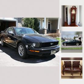 MaxSold Auction: This online auction features 2005 Ford Mustang VIN 1ZVFT80N955160221, foosball table, grandfather clock, furniture such as lighted display cabinet, Sklar Peplar sofa bed, Gibbard nightstands, and wingback chair, collectibles such as Royal Doulton figurines, silver plate, Snow Babies, Country Cousins, and fine china, art such as Keirstead prints, needlepoint, and Keirstead plates, jewelry, books, crafting supplies, garden decor, and much more!