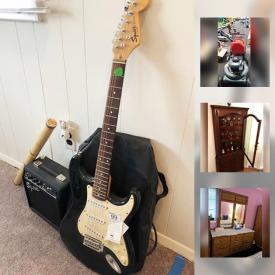 MaxSold Auction: This online auction includes instruments such as Squire Fender electric guitar, and drum set, furniture such as dining room table, Skylar Pepplar sofa, and queen-size platform bed, board games, electronics such as Nintendo 64, Sony PS2, and games, Kenmore refrigerator, bookshelves, small kitchen appliances, stuffed animals, Barbies, outdoor goods such as Craftsman lawn mower, sports equipment, Weber grill, garden tools and much more!