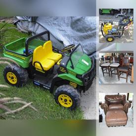 MaxSold Auction: This online auction features FURNITURE: Living room, dining room, secretary, two matching decorative panelled cabinets. ELECTRONICS: Sony surround sound for TV; several other sets speakers and surround sound system. TOOLS: Dewalt Pro Power Washer; power tools; yard tools. KIDS: John Deere utility vehicle plus many other baby and child items. RECREATIONAL: Ladies and men's bicycles plus baby/child seats; jogging stroller. CHINA: Portmeirion "Botanic Blue" dish set. GLASS: Amber dishes and glasses and much more!