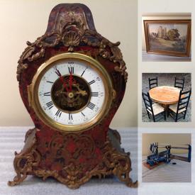 MaxSold Auction: This online auction features FURNITURE: Vintage bedroom pieces, 2 kitchen tables and chairs, a Duncan Phyfe drop leaf table with leaves. ART: Many framed pieces. ANTIQUE: Trunk/blanket box, mantle clock. CHINA: Anysley fruit tea cup sets; Bavaria powder jar and hair receiver. GLASS: Mikasa Belle Epoque centrepiece bowl. VINTAGE: Pyrex. COLLECTIBLE: Plates, bells, milk glass lamps, dolls, vanity sets. YARD AND GARDEN. TOOLS: dollys, ladders and much more!