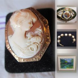 MaxSold Auction: This online auction features ANTIQUE: Cameo, butter churn, copper wall plaque. VINTAGE: Sterling 20's fiery jelly opal brooch; Pyrex. Gibbard "Chantilly" dining table and 4 chairs and much more!