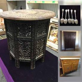 MaxSold Auction: This online auction features Silver Plate, Home Decor, Dessert Set, Kitchen Items, Sterling Silver Spoons, Artwork, Crystal, Bosson Heads, Vintage Ephemera, Costume Jewelry, Pennants, Miniatures, Wing Back Chairs, Curio Cabinet, and much more!