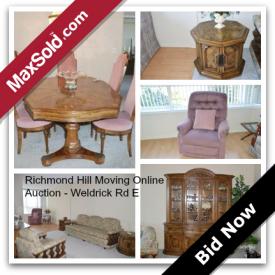 MaxSold Auction: Matching Sofa + Chair, Dining Room Table with 2 extensions, 4 side chairs and 1 arm chair, matching buffet/hutch, matching bar/server (you can see this slightly on the left side of the arm chair), 2 End tables (match dining room furniture), Reclining chair, Glass Top End Table, 2 Lamps - brass/crystal (not in photos), 1 grey/stainless 1960's kitchen table (not in photos), 1 Chest of drawers off white (not in photos), 1 bakers rack - cast aluminum (not in photos) 


**IMPORTANT: ENTIRE CONTENTS LISTED MUST BE REMOVED OTHERWISE, IN ADDITION TO THE PURCHASE PRICE, A DISPOSAL FEE OF $1000 WILL APPLY.