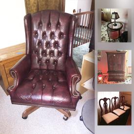 MaxSold Auction: This online auction features FURNITURE: Cherry dining room suite with a china cabinet, dining table and 12 chairs, Ethan Allen high boy, Duncan Phyfe drop leaf table, Hitchcock chairs; office furniture. Table linens and much more!