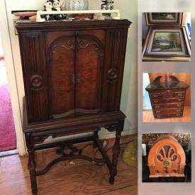 MaxSold Auction: This online auction features a copper tea set, blue glass, jardineiere, Haeger bird figurines, antique radio cabinet, area rug and much more!