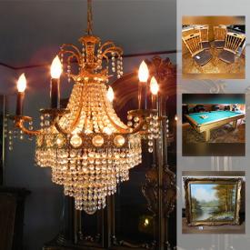 MaxSold Auction: This online auction features Brunswick pool table, collectibles such as Capodimente ewer, crystal, and fine china, vintage items such as vintage sideboard entertainment center, vintage settee, and vintage wrought iron lantern, furniture such as parlor chairs, Bassett end tables, expansion dining table, and Windsor kitchen chairs, lighting such as Tiffany style chandelier, slag glass and metal lamps, and torchiere, signed oil on canvas, kitchenware, vanity set, and much more!