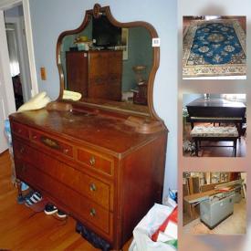 MaxSold Auction: This online auction features a " The Aeolina Co." baby grand piano. FURNITURE: Pennsylvannia House dining room suite and chest of drawers; vintage bedroom suite; Antique child's rocker. CHINA: Limoges hot chocolate set and service for 8; Wedgwood Jasper ware; Haviland coffee service; Premiere "Blue Dawn" incomplete set for 16; Noritake "Buckingham" incomplete service. SHOP TOOLS: Delta jointer, shaper, bandsaw, unisaw, drillpress; Leigh Ind. dovetail jig; Protech bench grinder. COLLECTIBLE: Dolls and doll furniture. VINTAGE: Copper basin with lid marked "Revere". Kids stuff and much more!