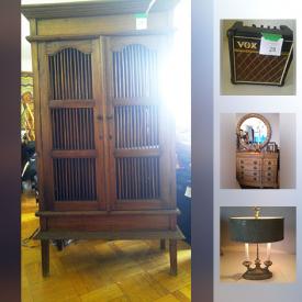 MaxSold Auction: This online auction features Live plants. Antique 19th c. apothecary shelving unit; umbrella. Guillaume Azoulay "Cello" etching, plus more original art. Folding steel and glass wall/divider/door. Woven Javanese blanket. Poole of England art deco coffee service. Vintage cameo necklace, plus other necklaces. Fender and other amps and much more!