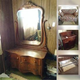 MaxSold Auction: This online auction features Antique oak bed and dresser with mirror; washstand; living room upholstered pieces; chrome and glass end/coffee tables/etagere. German cuckoo clock. Vintage stereo console. China and glass and much more!