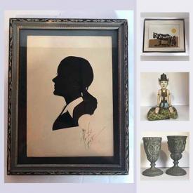 MaxSold Auction: This online auction features painted children's table and 2 chairs; an aluminum office chair. ART: Including a signed piece by B. Glasson. VINTAGE: Boudoir lamps, evening bag, milk glass, sad iron and trivet and much more!