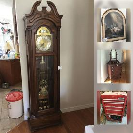 MaxSold Auction: This online auction features grandfather clock, furniture such as Thomasville dining set, Bombay Co. coffee table with cabinet, and matching bar stools, collectible spoons, framed wall art, Waterloo tool chest with tools, solid brass decor, Sterling BBQ, Danby bar fridge, CDs, lighting and much more!