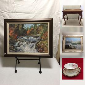 MaxSold Auction: This online auction features ART: Original. Birks sterling salt and pepper. CHINA: Coalport, Belleek, hand painted. GLASS: Platters, pink bowl, Arocoroc punch set, Luminarc sets, stemware. TABLE LINENS. COLLECTIBLE: Tea cup sets; brass; Ephemera; LP's; coins/currency; FURNITURE: Black walnut side table/plant stand/side chair. JEWELRY: Opal rings; loose gemstones and much more!