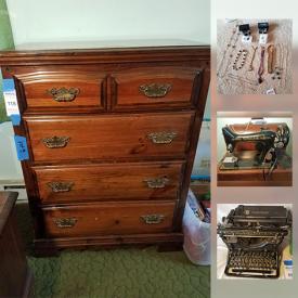 MaxSold Auction: This online auction features Antique Singer Sewing Machine, Underwood Typewriter, domed glass portrait, metal toy soldiers, pocket watch case. Vintage enamelware; scarfs, linens; rustic trunk. Costume Jewelry, Collectible colored glass, China and much more!