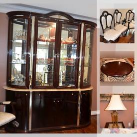 MaxSold Auction: This online auction features a contemporary dining room suite consisting of a curio/china cabinet, dining table and six chairs. Wooden blinds and window treatments. Many baby items. A watercooler and much more!