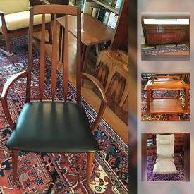 MaxSold Auction: This online auction features Vintage: MC Teak Dining table, MC Teak dining chairs, MC Vintage Teak rocker, Vintage teak arm chair; Rosewood finish wall unit, cabinet; rosewood Koefoed Hornslets Eva arm and side chairs. Pyrex; teak ice bucket. CHINA. glass/crystal including pinwheel. Costume jewelry plus a 14 K gold watch case. Beaumark mini fridge and much more!