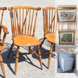 MaxSold Auction: This auction features, Drop Leaf Tables, Corner Bookcase, Dining Chairs and Tables, Stair Lift, Dressers , Exercise Bike, Mirrors, Art, Air Cleaner, Tea Cups, Collector Pins, Serger, and much more.