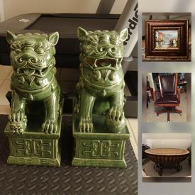 MaxSold Auction: This online auction features Tea And Coffee, Pottery and Bronze Urn, Oil on canvass, Decor, lamps, Asian Figures, Prints, Mirror, storage boxes, Humpback Chest, Onyx ashtray,vase and figures, Mask, Chinese Foo Dog Statues wool rug and much more!