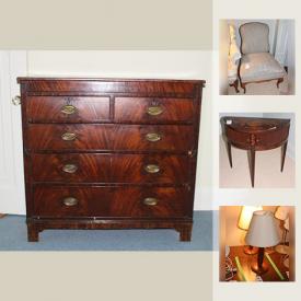 MaxSold Auction: This online auction features ANTIQUE: Inlaid mahogany table and chair, stoneware bowl, ephemera.
VINTAGE: Dresser, roosting milk glass hens, mini sewing machine. CHINA: Tea cup sets, many "one of's", Evesham casserole. Crystal candleholders. Golf bag and 13 Daiwa right-hand clubs. FURNITURE: Demilune tables, room divider and much more!