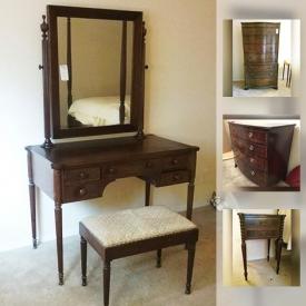 MaxSold Auction: This online auction features Mahogany Chest, Mahagony Demilune Tables, Baker Mahogany Rice Bed, Tall Chest of Drawers, GE Microwave and much more!