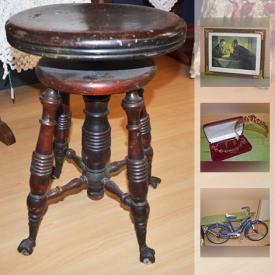 MaxSold Auction: This online auction features vintage and antique items, statues and plaque, tools, Metal Wheelbarrow, artworks, Ram bookends, statue, Portable typewriter, Country porcelain doll, Vintage 1960's young girls bicycle Majestic, Electric guitar and amplifier, collectibles, decors and much more.