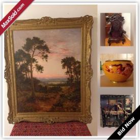 MaxSold Auction: This auction features Original Oil Paintings, Watercolours, and Etchings, Vintage Sewing Machine, Cloisonné items, Carved Chair , Royal Doulton figurines, Moorcroft Dish, Rare Beatles LPs and much more.