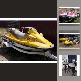 MaxSold Auction: This online auction features 2 Skidoo snowmobiles, 2 Kawasaki jetskis on a trailer; a Honda generator. Homedics massage chair. Vintage Lyre-back chairs. Four pieces of Perry Pines pottery, signed metal wall art, signed carved rooster and much more!