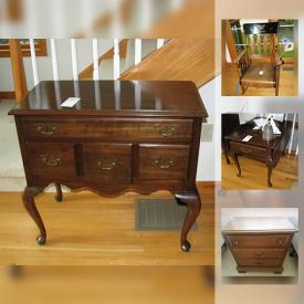 MaxSold Auction: This online auction features FURNITURE: H. Brown & Co. French provincial bedroom suite consisting of 9 drawer dresser with mirror, bed, 5 drawer chest of drawers; buffet with a hutch sporting lots of brass; bar height patio table, chairs and umbrella; Ethan Allen pieces. New England Clock Co. pendulum clock. CRYSTAL : Shannon crystal; cut/pressed serving pieces including cake plates; milk glass. Christmas dishes - "The Hunt" by George Portard. Art. WATERCRAFT: Fishing boats, 15 ft. canoe, paddle boat and much more!