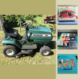 MaxSold Auction: This online auction features an autographed Lion King poster. A Vintage battery operated Jaguar and vintage toys. Sports memorabilla including international soccer banners and World Cup hats and pins. A propane tank heater. Turf Trac riding lawn mower and much more!