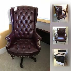 MaxSold Auction: This online auction features furniture such as leather armchairs, large executive desk, metal storage cabinet, office chairs, and bookshelves, GE refrigerator, phone system, office supplies, antique New York reports, vintage Myers well pump and much more!