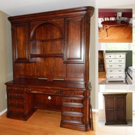 MaxSold Auction: This online auction features Hooker Furniture media cabinet, full-size bunk bed, Sligh Furniture desk with hutch, Ethan Allen coffee table, wine rack, butler chair, king size sleigh bed, J.M. Charpine oil on canvas, kitchenware and much more!