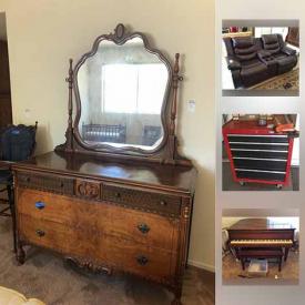 MaxSold Auction: This online auction features a Wilson baby grand piano. Many Antique and vintage pieces. FURNITURE: Leather reclining sofa, loveseat. Dining room table and chairs. Vintage chairs and occasional tables. COLLECTIBLE: Steins; Goebel figures/Hummel plates; souvenir spoons; aluminum trays; Lionel train set. WINE: WINE MAKING EQUIPMENT, racks, VinoTemp wine cooler and much more!