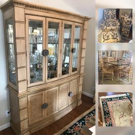 MaxSold Auction: This online auction features a white-washed dining room suite: China cabinet, glass top table and dining chairs. Baroque style mirrors, area rugs. Royal Doulton's "White Nile" china place settings for 10  and much more!