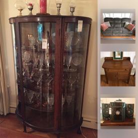 MaxSold Auction: This online auction features ANTIQUE: Cradle and doll. VINTAGE: Elgin treadle in cabinet sewing machine; oak curio cabinet; oak washstand; milkglass hobnail lamps; mid century pottery lamp; Noritake "Crest" service for 8; pink glassware. APPLIANCES: LG washer and dryer combo and much more!