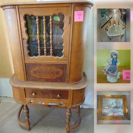 MaxSold Auction: This online auction features ANTIQUE: China cabinet and gentleman's chest. VINTAGE: Fishing reels; kitchen items. COLLECTIBLE: Commemorative plates; salt and pepper shakers; dolls; Hallmark ornaments; bears - including Boyd's Bears; Lladro and Nao figurines. GLASS/CRYSTAL: Colored glass; Fenton convered candy dish; crystal stemware and serving pieces; carnival glass; Murano and art glass; two sets of vintage green glass snack plates and cups. CHINA: Spode "Billingsley Rose" dishes and tureen; several wash basins and pitchers/jugs. Lighting and vintage globes. Campbell Hausfeld compressor. Quilter's rack and much more!