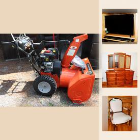 MaxSold Auction: This online auction features a Hose Mobile cart reel with hose, two 50 ft lengths, includes lawn sprinklers and Garden attachments, watering cans, Insignia 24 inch TV with remote model NS 24D310NA17, Bolt cutters, chisels, sockets file, USN MK2 knife in sheath, Wedges, partial can of oil, fuel can half full, Wood Chisel Set, Ryobi 6 inch bench grinder with light, Mastercraft circular saw, extension cord, collapsible tote, wrenches, saws, hammer, organizer bins, 100 ft tape measure, Innovation Technology CD with tuner and 2 small speakers model ITCDS 5000, Large collection of blue and white Russian Gzhel porcelain figurines, Royal Doulton Figurines, Solid wood king size bed with headboard and much more.