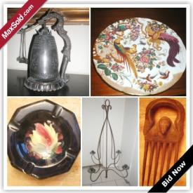MaxSold Auction: This auction features Bronze Temple Gong, Remington Bronze, J.E.Frasier Bronze, Royal Dux Elephant, English Bud Vase, Moorcrofts, Royal Doulton, Weller Pottery, Walking Sticks, Vintage Dresses, Crystal, Victorian Mantel Clock, Iron Candle Chandelier, Large Collection of Decorative Plates, Wedgwood, Paragon Loving Cup, Original Artwork, Ivory Handled Butter Knives, Dinky Toy Truck, Africana Fertility Doll, Africana Ashunti Hair Pick and much much more!!