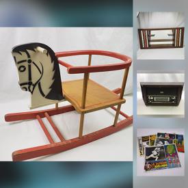 MaxSold Auction: This online auction features MCM curio shelf with mirror by Turner Wall Accessories, bar and entertaining items. VINTAGE: W. German toddler rocking horse; chalkboard; 70's original Mexican movie lobby posters; 60's New York publishers artwork; 50's penny arcade cards. COLLECTIBLE: Cereal boxes; Fire King/Anchor Hocking/Pyrex; Green Depression glass; advertising tins and much more!