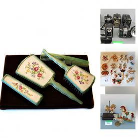 MaxSold Auction: This online auction features Antique and vintage cameras; vintage costume jewelry; vintage colored handled cutlery; antique vanity set by Halex, England. COLLECTIBLE: Glass; pins/badges; toys and much more!