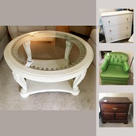 MaxSold Auction: This online auction features a Solid wood coffee table, Assortment of Christmas decorations, Metal dolly that converts to a hand truck, Pecan Buffet and Hutch, Assortment of blue glassware, Brother sewing machine, Down Filled Love Seat, Wrought iron and wood bakers rack and much more.