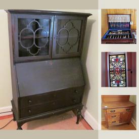 MaxSold Auction: This online auction features ANTIQUE: Washstand, Eastlake chair; full size iron bed; POSTCARDS. FURNITURE: Stickley sofa and chair; secretary. FRAMED NEEDLEPOINT. MILK GLASS TUMBLERS. A stained glass panel. Pottery. Colored glass and much more!