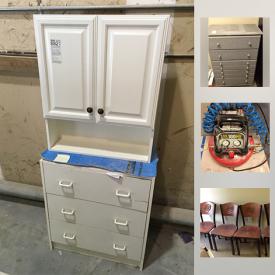 MaxSold Auction: This online auction features a laser printer, painting supplies, tools, cleaning supplies, shelving, entertainment center, air compressor, water cooler, saw horses, lawn spreader, fans and much more.